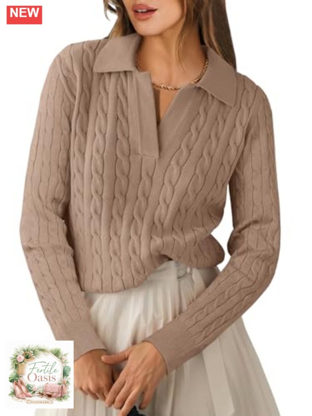 Cable Knit Long Sleeve V-Neck Sweater Polo Fall Office Layering